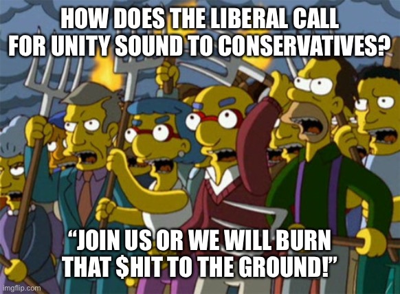 Calling for Unity | HOW DOES THE LIBERAL CALL FOR UNITY SOUND TO CONSERVATIVES? “JOIN US OR WE WILL BURN THAT $HIT TO THE GROUND!” | image tagged in witch hunt mob,stupid liberals,woke-movement,intolerance,hate | made w/ Imgflip meme maker
