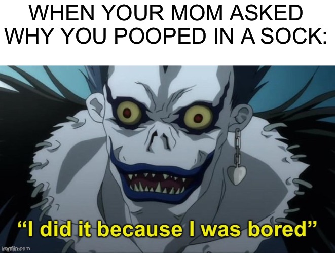 Peepeepoopoo | WHEN YOUR MOM ASKED WHY YOU POOPED IN A SOCK: | image tagged in i did it because i was bored,poop,why did i make this,please help me,deathnote,memes | made w/ Imgflip meme maker