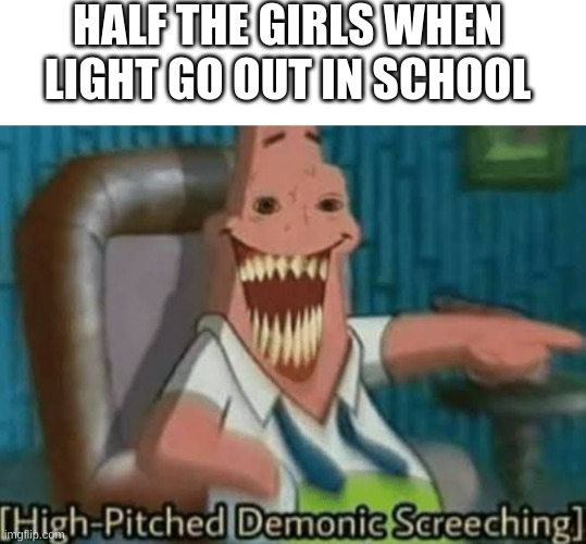 HALF THE GIRLS WHEN LIGHT GO OUT IN SCHOOL | image tagged in textbox,high-pitched demonic screeching,girl,lights | made w/ Imgflip meme maker