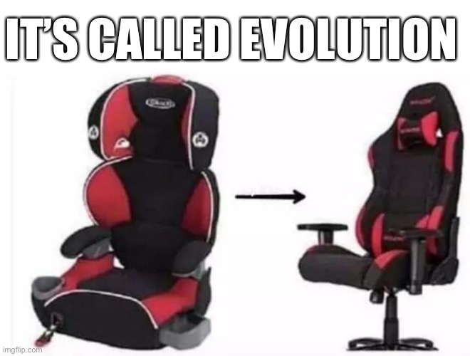 Evolution | IT’S CALLED EVOLUTION | image tagged in gaming,pc gaming,gaming chair,led,furniture,infant car seat | made w/ Imgflip meme maker
