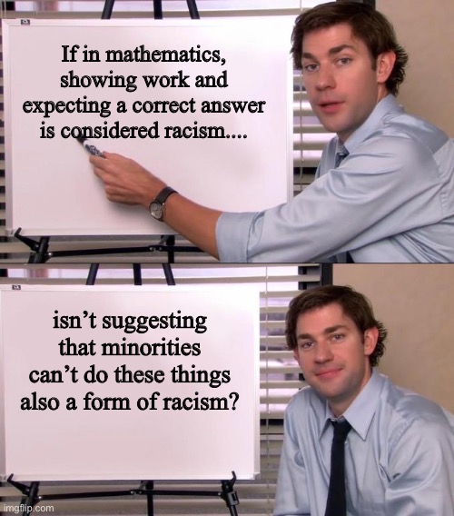 Subtle, polite racism is still racism | If in mathematics, showing work and expecting a correct answer is considered racism.... isn’t suggesting that minorities can’t do these things also a form of racism? | image tagged in jim halpert explains,politics lol,liberal logic,math lady/confused lady,derp,memes | made w/ Imgflip meme maker