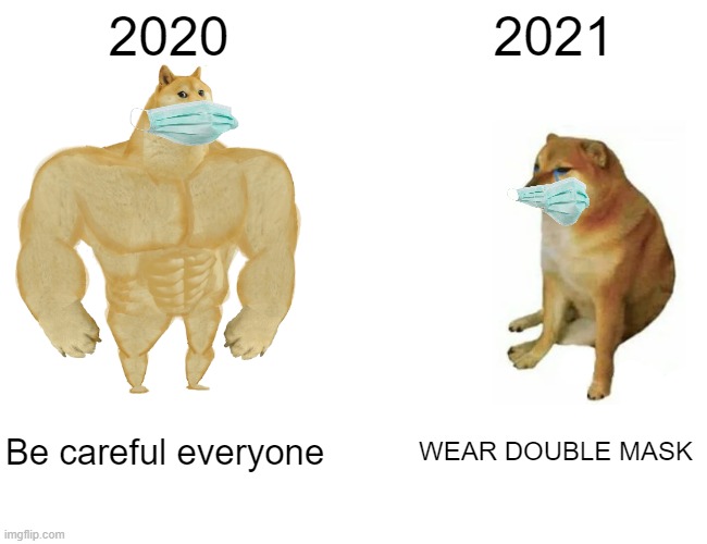 So much has changed | 2020; 2021; Be careful everyone; WEAR DOUBLE MASK | image tagged in memes,buff doge vs cheems | made w/ Imgflip meme maker