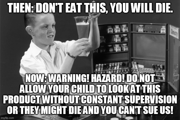 THEN: DON'T EAT THIS, YOU WILL DIE. NOW: WARNING! HAZARD! DO NOT ALLOW YOUR CHILD TO LOOK AT THIS PRODUCT WITHOUT CONSTANT SUPERVISION OR THEY MIGHT DIE AND YOU CAN'T SUE US! | image tagged in memes | made w/ Imgflip meme maker