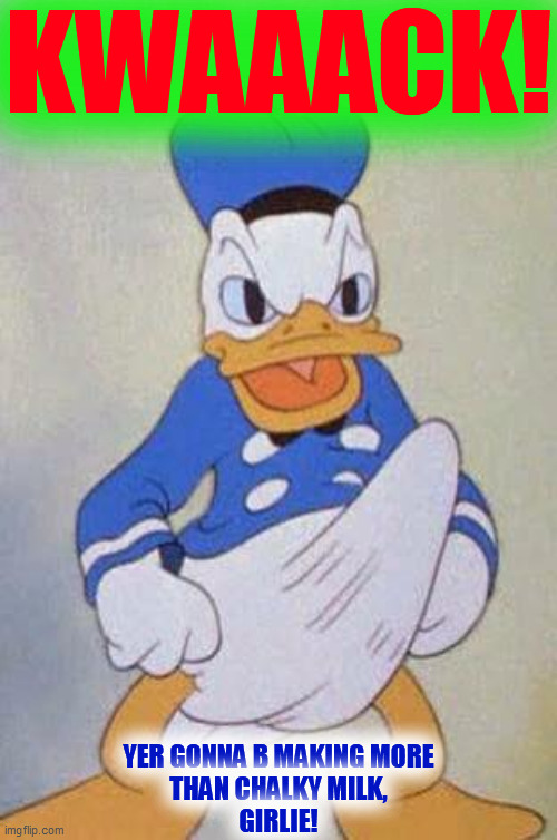 Horny Donald Duck | KWAAACK! YER GONNA B MAKING MORE
THAN CHALKY MILK,
GIRLIE! | image tagged in horny donald duck | made w/ Imgflip meme maker