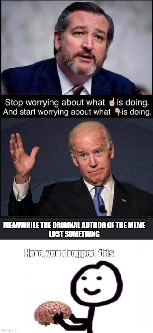 Conservative logic failure | MEANWHILE THE ORIGINAL AUTHOR OF THE MEME 
LOST SOMETHING | image tagged in conservatives,conservative hypocrisy,conservative logic | made w/ Imgflip meme maker