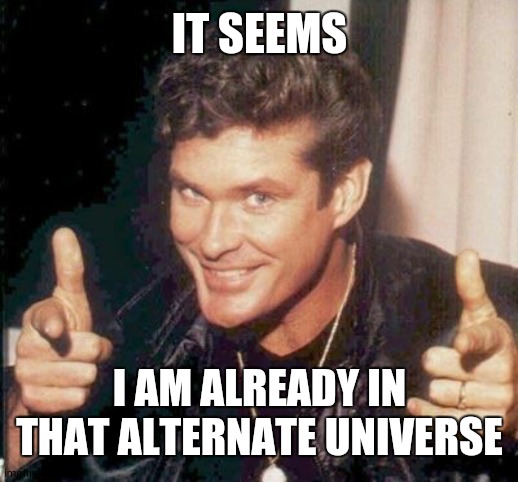 The Hoff thinks your awesome | IT SEEMS I AM ALREADY IN THAT ALTERNATE UNIVERSE | image tagged in the hoff thinks your awesome | made w/ Imgflip meme maker
