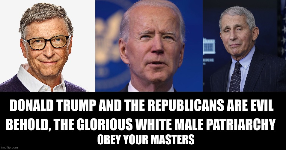 Woke Delusion | DONALD TRUMP AND THE REPUBLICANS ARE EVIL; BEHOLD, THE GLORIOUS WHITE MALE PATRIARCHY; OBEY YOUR MASTERS | image tagged in white privilege,racism,nwo | made w/ Imgflip meme maker