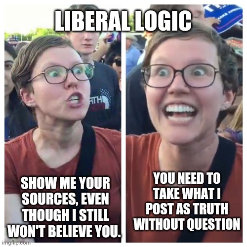 Social Justice Warrior Hypocrisy | LIBERAL LOGIC; SHOW ME YOUR SOURCES, EVEN THOUGH I STILL WON'T BELIEVE YOU. YOU NEED TO TAKE WHAT I POST AS TRUTH WITHOUT QUESTION | image tagged in social justice warrior hypocrisy | made w/ Imgflip meme maker