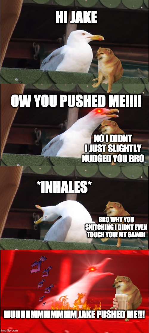 Inhaling Seagull Meme | HI JAKE; OW YOU PUSHED ME!!!! NO I DIDNT I JUST SLIGHTLY NUDGED YOU BRO; *INHALES*; BRO WHY YOU SNITCHING I DIDNT EVEN TOUCH YOU! MY GAWD! MUUUUMMMMMMM JAKE PUSHED ME!!! | image tagged in memes,inhaling seagull | made w/ Imgflip meme maker
