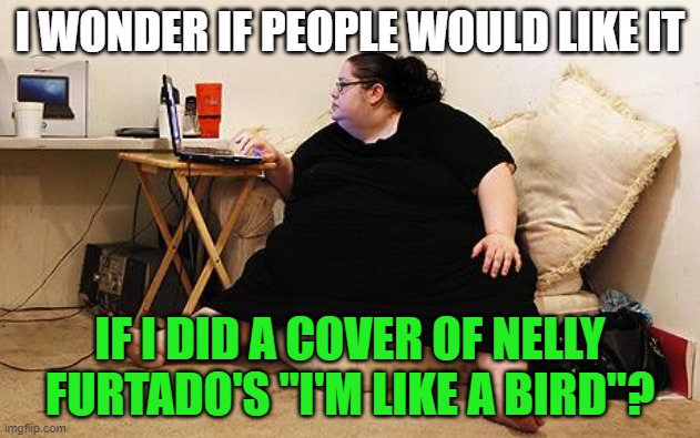 I'm Like a Zeppelin | I WONDER IF PEOPLE WOULD LIKE IT; IF I DID A COVER OF NELLY FURTADO'S "I'M LIKE A BIRD"? | image tagged in obese woman at computer,fat,woman,song,cover,memes | made w/ Imgflip meme maker