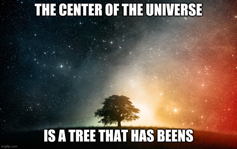 The center | THE CENTER OF THE UNIVERSE; IS A TREE THAT HAS BEENS | image tagged in solitary tree | made w/ Imgflip meme maker