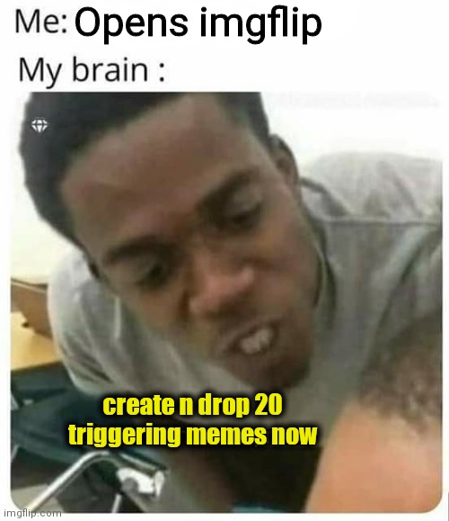 Opens imgflip; create n drop 20 triggering memes now | image tagged in triggered,memes,freak out,funny,my brain | made w/ Imgflip meme maker