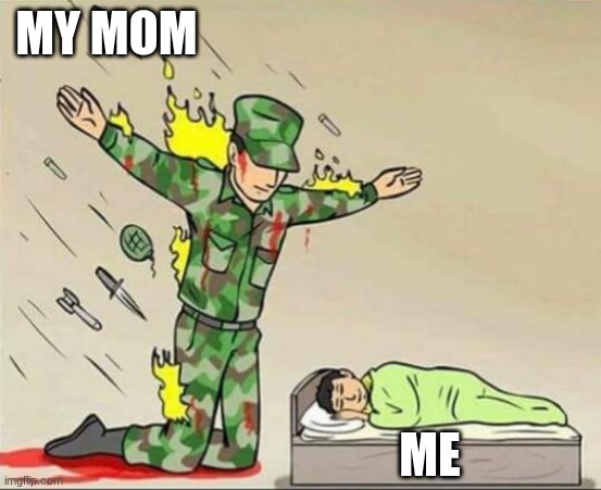 Soldier protecting sleeping child | MY MOM; ME | image tagged in soldier protecting sleeping child | made w/ Imgflip meme maker