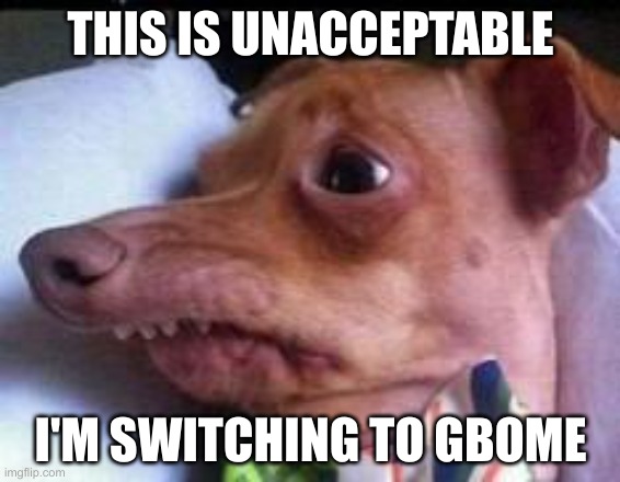 lisp dog | THIS IS UNACCEPTABLE; I'M SWITCHING TO GBOME | image tagged in lisp dog | made w/ Imgflip meme maker