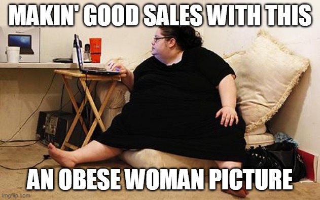 Obese Woman at Computer | MAKIN' GOOD SALES WITH THIS; AN OBESE WOMAN PICTURE | image tagged in obese woman at computer | made w/ Imgflip meme maker