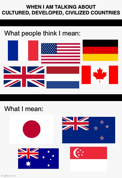  WHEN I AM TALKING ABOUT CULTURED, DEVELOPED, CIVILIZED COUNTRIES; What people think I mean:; What I mean: | image tagged in your country needs you,civilization,geography,culture,so true memes,better life | made w/ Imgflip meme maker