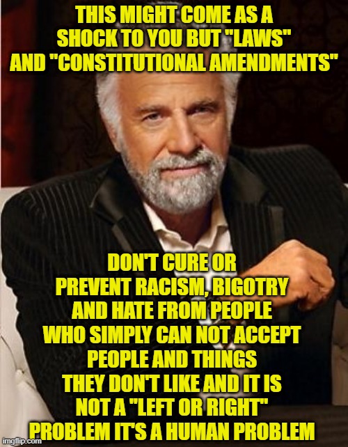 i don't always | THIS MIGHT COME AS A SHOCK TO YOU BUT "LAWS" AND "CONSTITUTIONAL AMENDMENTS"; DON'T CURE OR PREVENT RACISM, BIGOTRY AND HATE FROM PEOPLE WHO SIMPLY CAN NOT ACCEPT PEOPLE AND THINGS THEY DON'T LIKE AND IT IS NOT A "LEFT OR RIGHT" PROBLEM IT'S A HUMAN PROBLEM | image tagged in i don't always | made w/ Imgflip meme maker