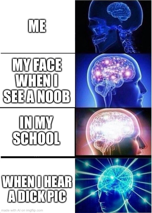 Me af | ME; MY FACE WHEN I SEE A NOOB; IN MY SCHOOL; WHEN I HEAR A DICK PIC | image tagged in memes,expanding brain,ai meme | made w/ Imgflip meme maker