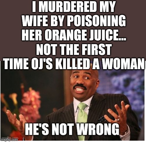Hehe | I MURDERED MY WIFE BY POISONING HER ORANGE JUICE... NOT THE FIRST TIME OJ'S KILLED A WOMAN | image tagged in well he's not 'wrong' | made w/ Imgflip meme maker