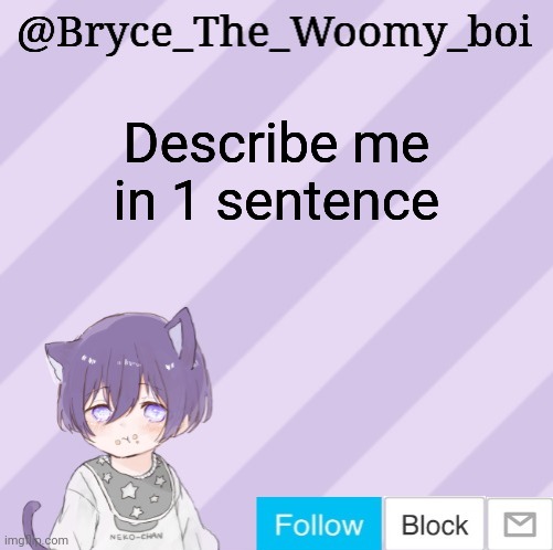 Bryce_The_Woomy_boi's announcement template | Describe me in 1 sentence | image tagged in bryce_the_woomy_boi's announcement template | made w/ Imgflip meme maker