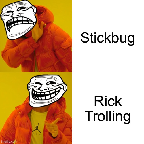 Troll Face Drake | Stickbug; Rick Trolling | image tagged in memes,drake hotline bling,stickbug,rick roll,trolling | made w/ Imgflip meme maker