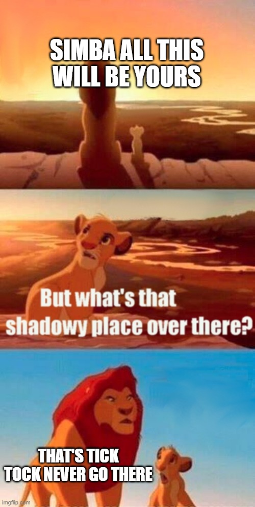 Simba Shadowy Place Meme | SIMBA ALL THIS WILL BE YOURS; THAT'S TICK TOCK NEVER GO THERE | image tagged in memes,simba shadowy place | made w/ Imgflip meme maker