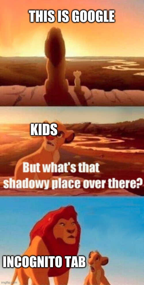 Incognito is very spooky | THIS IS GOOGLE; KIDS; INCOGNITO TAB | image tagged in memes,simba shadowy place | made w/ Imgflip meme maker