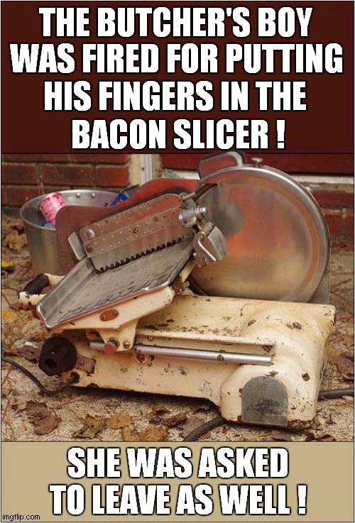 Work Place Shenanigans ! | THE BUTCHER'S BOY; WAS FIRED FOR PUTTING; HIS FINGERS IN THE; BACON SLICER ! SHE WAS ASKED TO LEAVE AS WELL ! | image tagged in butcher,bacon slicer,fired | made w/ Imgflip meme maker