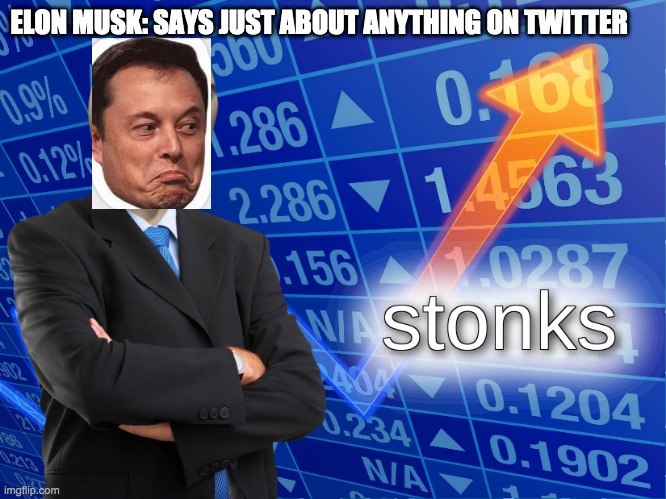 Elon Musk Tweets be like | ELON MUSK: SAYS JUST ABOUT ANYTHING ON TWITTER | image tagged in stonks | made w/ Imgflip meme maker