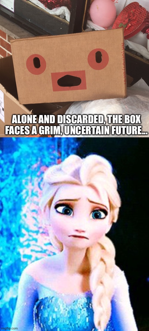 ALONE AND DISCARDED, THE BOX FACES A GRIM, UNCERTAIN FUTURE... | image tagged in elsa sad | made w/ Imgflip meme maker
