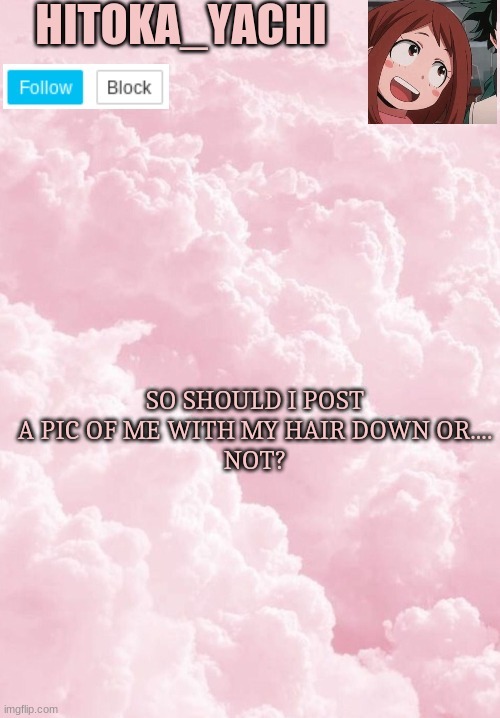 SO SHOULD I POST A PIC OF ME WITH MY HAIR DOWN OR....
NOT? | image tagged in yachi's new temp- | made w/ Imgflip meme maker