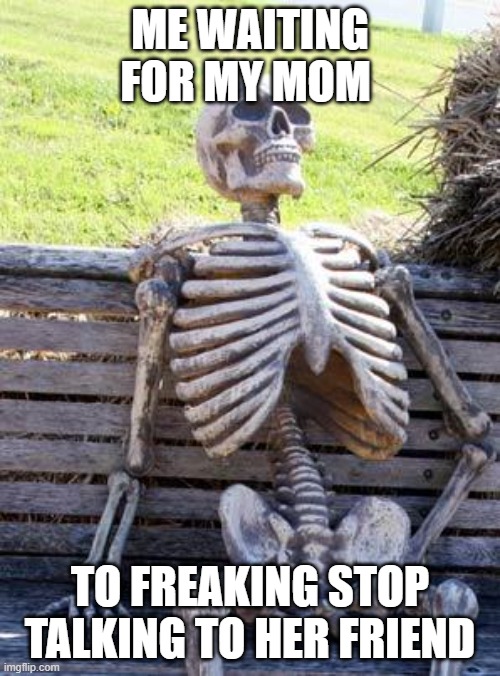 Waiting Skeleton | ME WAITING FOR MY MOM; TO FREAKING STOP TALKING TO HER FRIEND | image tagged in memes,waiting skeleton | made w/ Imgflip meme maker