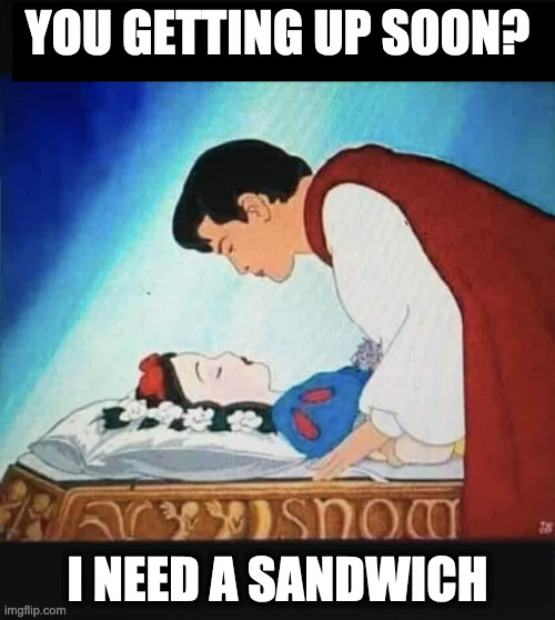 Prince, My Ass! | YOU GETTING UP SOON? I NEED A SANDWICH | image tagged in snow white,prince,walt disney | made w/ Imgflip meme maker