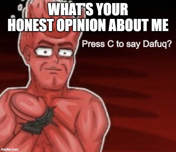 Press C to say Dafuq | WHAT'S YOUR HONEST OPINION ABOUT ME | image tagged in press c to say dafuq | made w/ Imgflip meme maker