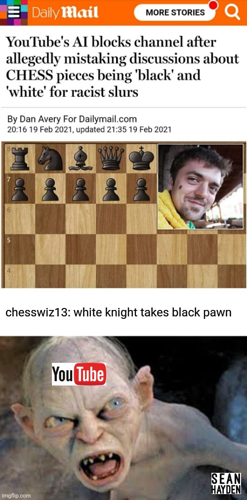 Yt fail | chesswiz13: white knight takes black pawn | image tagged in golum hates | made w/ Imgflip meme maker