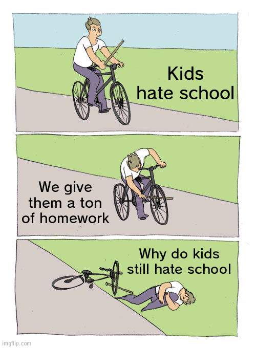 Homework obviously | Kids hate school; We give them a ton of homework; Why do kids still hate school | image tagged in memes,bike fall,homework,school | made w/ Imgflip meme maker