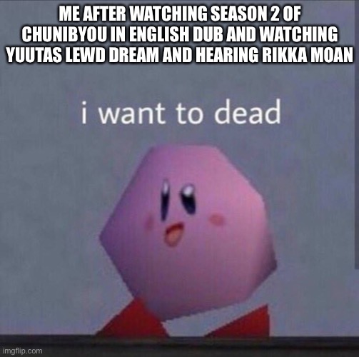 Srsly | ME AFTER WATCHING SEASON 2 OF CHUNIBYOU IN ENGLISH DUB AND WATCHING YUUTAS LEWD DREAM AND HEARING RIKKA MOAN | image tagged in i want to dead,english,kirby,lewd | made w/ Imgflip meme maker