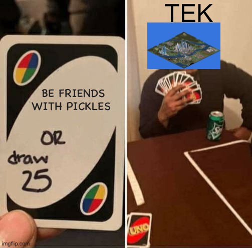 UNO DRAW 25 CARDS TEK/THEOTOWN EDITION | TEK; BE FRIENDS WITH PICKLES | image tagged in memes,uno draw 25 cards,theotown,pickle | made w/ Imgflip meme maker