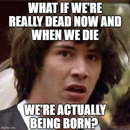 Wut? | WHAT IF WE'RE REALLY DEAD NOW AND
WHEN WE DIE; WE'RE ACTUALLY BEING BORN? | image tagged in memes,conspiracy keanu | made w/ Imgflip meme maker