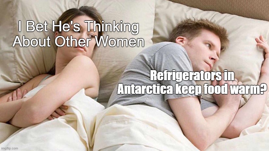 Hemmmmmmmmmmmmmm | I Bet He's Thinking About Other Women; Refrigerators in Antarctica keep food warm? | image tagged in memes,i bet he's thinking about other women | made w/ Imgflip meme maker