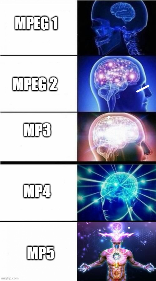 MP5 be like | MPEG 1; MPEG 2; MP3; MP4; MP5 | image tagged in big brain 5 panel | made w/ Imgflip meme maker