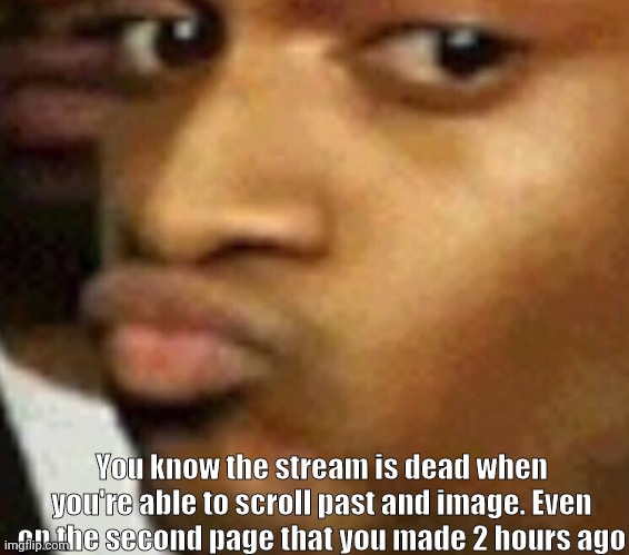 doubtful lips  | You know the stream is dead when you're able to scroll past an image not on the second page that you made 2 hours ago | image tagged in doubtful lips | made w/ Imgflip meme maker