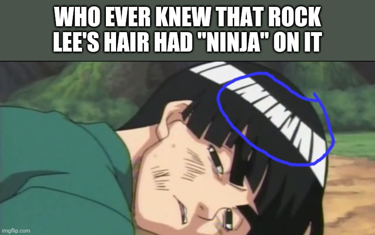 What a small but fun little detail | WHO EVER KNEW THAT ROCK LEE'S HAIR HAD "NINJA" ON IT | image tagged in naruto | made w/ Imgflip meme maker
