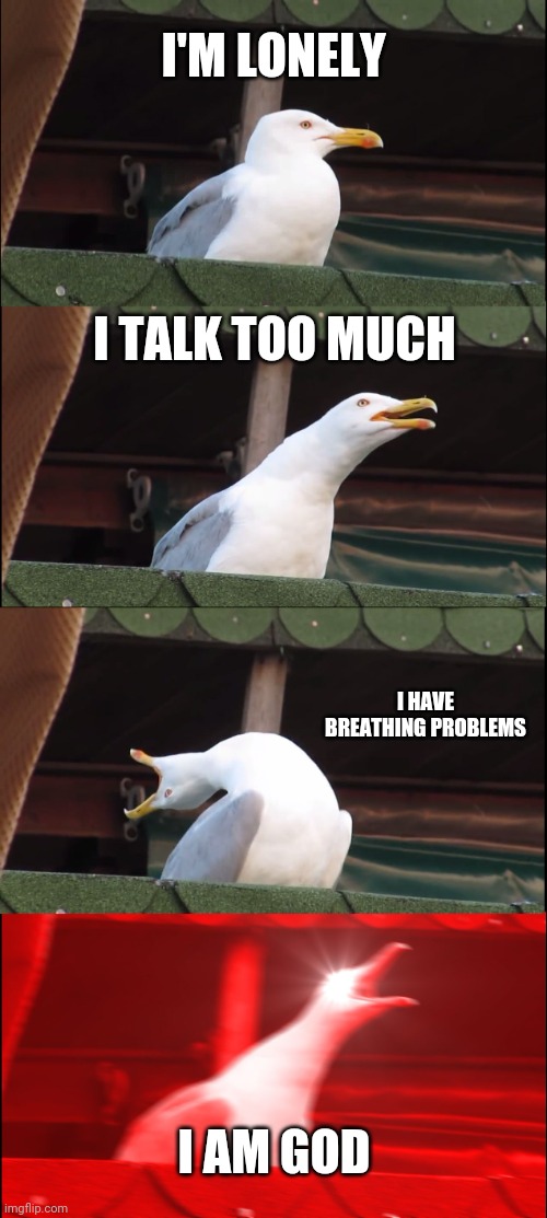 Inhaling Seagull Meme | I'M LONELY; I TALK TOO MUCH; I HAVE BREATHING PROBLEMS; I AM GOD | image tagged in memes,inhaling seagull | made w/ Imgflip meme maker