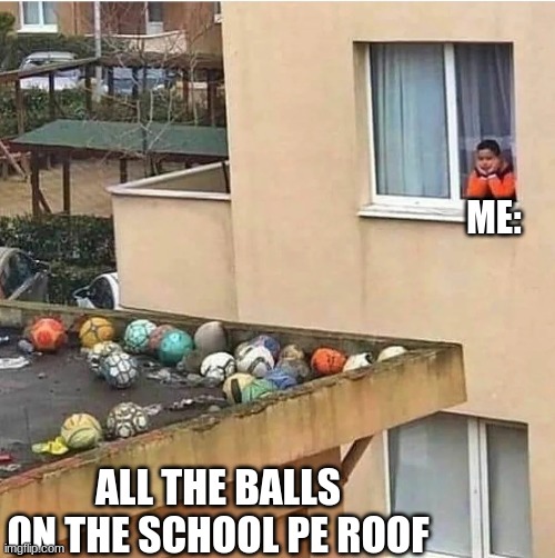 i heard there are 1 billion balls on the school pe roof | ME:; ALL THE BALLS ON THE SCHOOL PE ROOF | image tagged in balls on roof,pe,sports | made w/ Imgflip meme maker