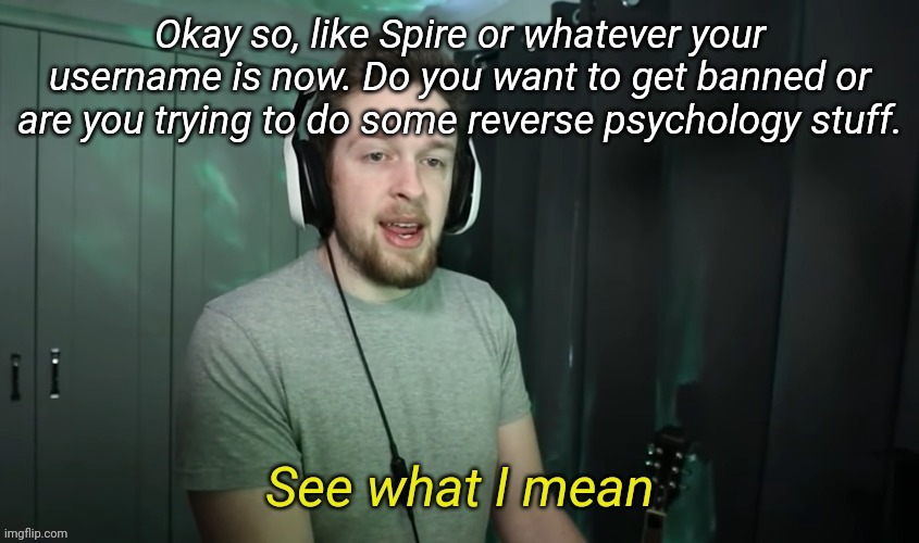 CallMeKevin See what I mean | Okay so, like Spire or whatever your username is now. Do you want to get banned or are you trying to do some reverse psychology stuff. | image tagged in callmekevin see what i mean | made w/ Imgflip meme maker