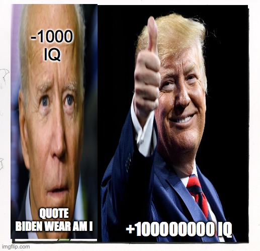 Trump is the best | -1000 IQ; QUOTE BIDEN WEAR AM I; +100000000 IQ | image tagged in donald trump approves | made w/ Imgflip meme maker