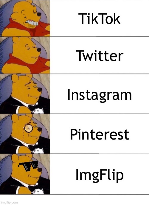 Winnie the Pooh v.20 | TikTok; Twitter; Instagram; Pinterest; ImgFlip | image tagged in winnie the pooh v 2020,tuxedo winnie the pooh,memes,imgflip,dank memes,funny memes | made w/ Imgflip meme maker