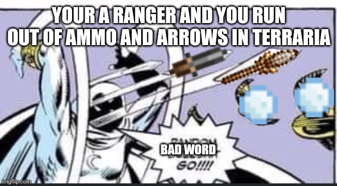 Meme | YOUR A RANGER AND YOU RUN OUT OF AMMO AND ARROWS IN TERRARIA; BAD WORD | image tagged in random bullshit go,terraria,rangers | made w/ Imgflip meme maker