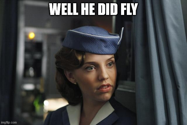 Flight Attendant  | WELL HE DID FLY | image tagged in flight attendant | made w/ Imgflip meme maker